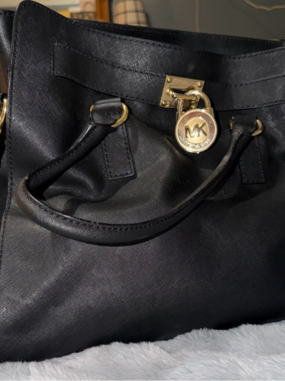 Michael Kors Black Saffiano Satchel with Gold MK Charm